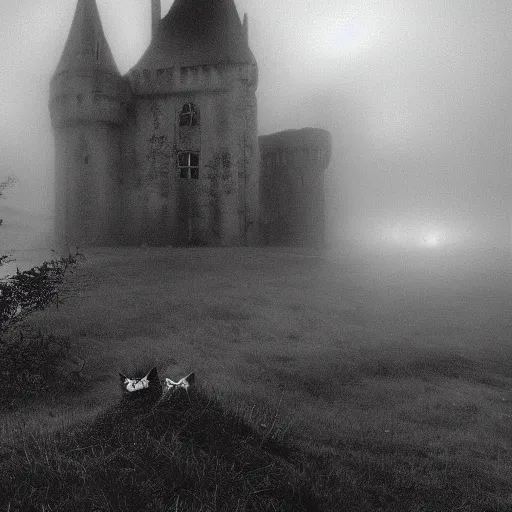 Image similar to a dark vallcy with a huge gloomy castle, fog. a little boy and a black cat