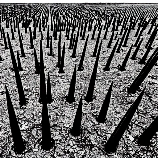 Image similar to radioactive spike field, monolithic granite spikes, one lone person standing in front of the spikes, creepy monotone black and white lighting, post nuclear fallout, desolate, no life, high resolution, old photo, style of salvador dali, van gogh