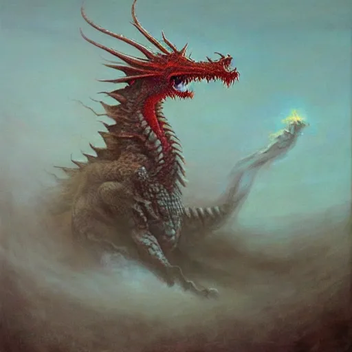 Image similar to A hyperrealistic oil painting of a ferocious highly detailed red dragon breathing fire, art by beksinski, trending on artstation