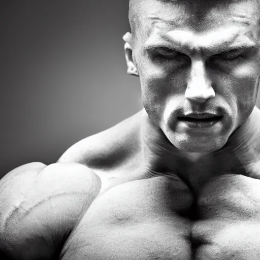 Prompt: grayscale photo of a bodybuilder with a very defined chin