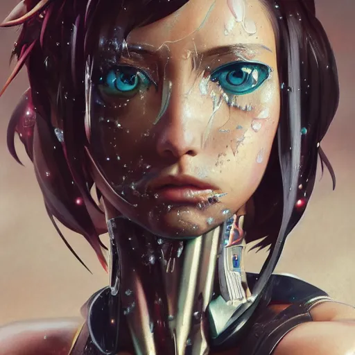 Image similar to painting of an anime punk cyborg woman, water particles floating in the air, finely detailed facial features, weathered drawing, film grain, painted art by tsuyoshi nagano, greg rutkowski, artgerm, alphonse mucha, spike painting