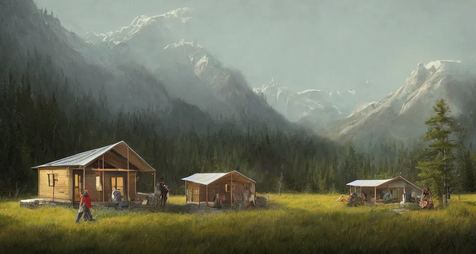 Image similar to cabela's beautiful comfortable modular insulated wall kit - house all weather family dwelling tent house, person in foreground, mountainous forested wilderness open fields, beautiful views, painterly concept art, joanna gaines, environmental concept art, farmhouse, magnolia, concept art illustration, by james gurney, by craig mullins, by greg rutkowski trending on artstation