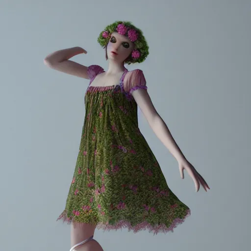Image similar to 8 k, octane render, realism, tonalism, renaissance, rococo, baroque, cotton candy, portrait of a creepy young lady wearing bohemian long 1 9 7 0 s babydoll dress with flowers