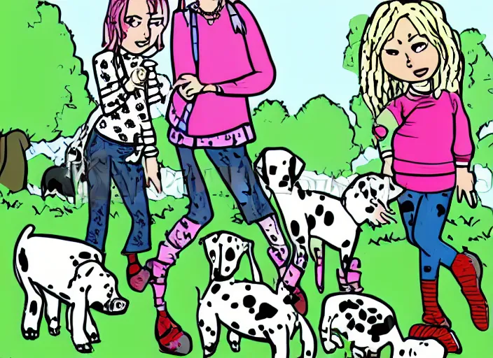 Prompt: punk girl and duchess with a dalmatian piglet in a park. comic style