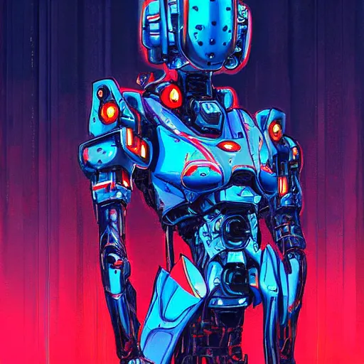 Prompt: arasaka mech, cyberpunk, art by christian ward, red and blue neon