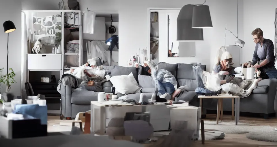 Prompt: IKEA catalogue photo of a living room, robots are tearing it apart, fire, flood, mirrors,