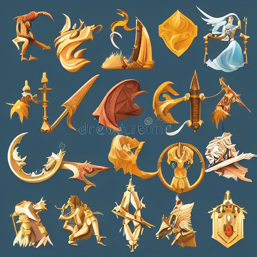 Prompt: set of fantasy icons. very detailed. vector images.