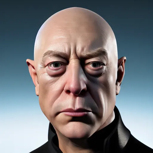 Image similar to photo realistic, uncanny valley, hyper realistic, 8 k, octane render, vray, portrait of a very wrinkly elon musk wearing a flabby jeff bezos skin suit, dead shiny black shark eyes saggy skin, melted face, entire head, bald