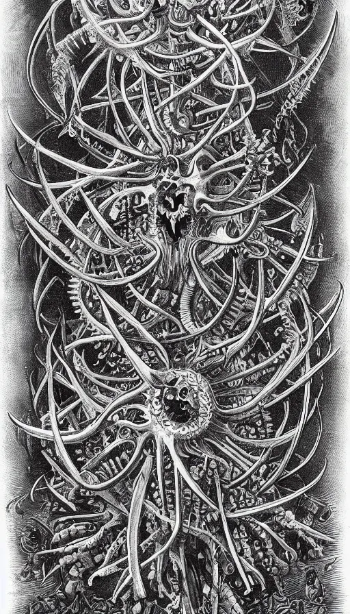 Image similar to a storm vortex made of many demonic eyes and teeth, by ernst haeckel