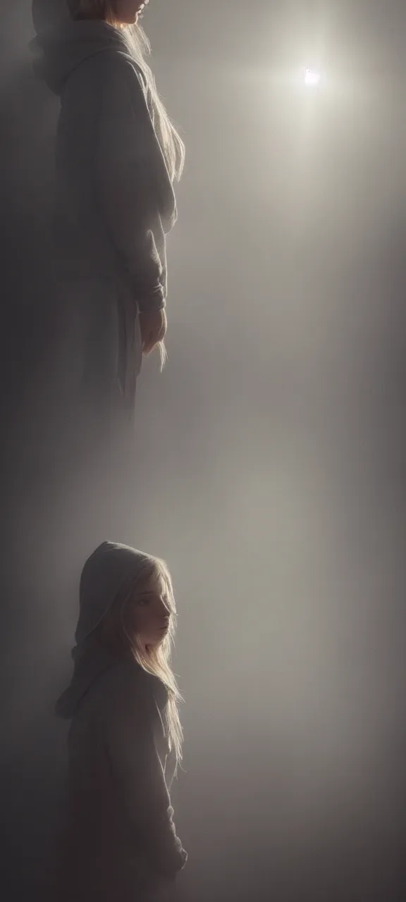 Image similar to very very beautiful photograph of emily skinner looking like annie leonhart in a hoodie standing next to a window god rays shining on her from the sunlight, volumetric fog, smoke, depth of field, beautiful composition, very very very beautifull!! face, on artstation and instagram