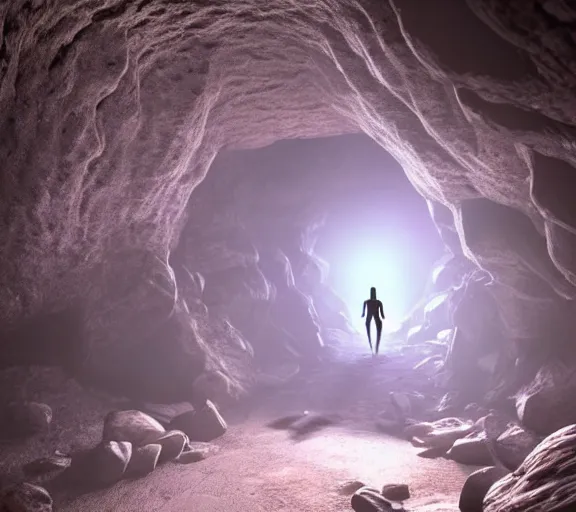 Prompt: humanoid alien walking trough a beautiful cave, xyz(000) H 576