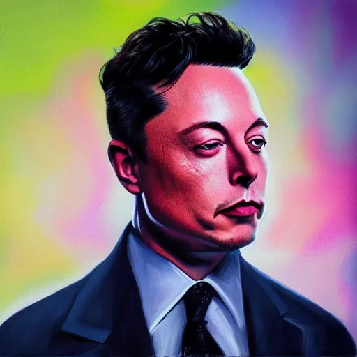 Prompt: Surrealist Portrait painting of Elon Musk, album cover