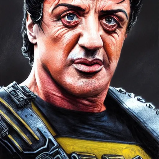 Image similar to Sylvester Stallone as Judge Dredd, artists portrait, fantasy, highly detailed, digital painting, concept art, sharp focus, depth of field blur, illustration, art by artgerm and greg rutkowski and alphonse mucha