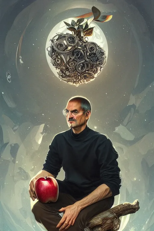 Image similar to ultra realistic illustration, steve jobs sitting on a giant apple, sci - fi, fantasy, intricate, elegant, highly detailed, digital painting, artstation, concept art, smooth, sharp focus, illustration, art by artgerm and greg rutkowski and alphonse mucha