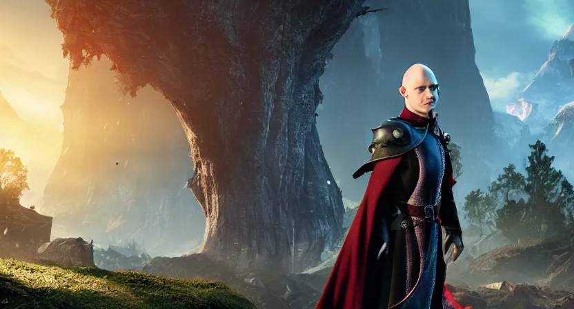 Image similar to promotional image of dane dehaan as a bald elf in dragon age : inquisition, hyperrealistic, detailed face, movie still, promotional image, imax 7 0 mm footage