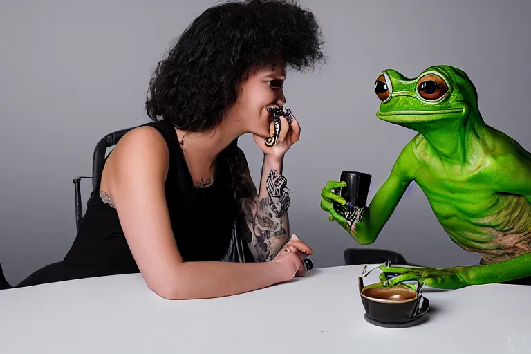 Image similar to punk girl on a date with pepe! the frog! drinking coffee, studio photo, highly detailed, 8 k, natural lighting