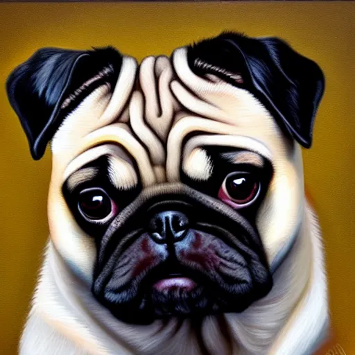 Image similar to oil painting, a emo pug, intricate, masterpiece, artstation, stunning