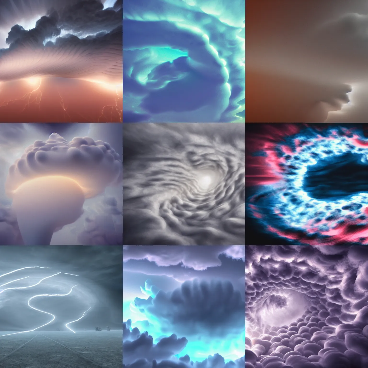 Prompt: cloud vortex, storm, symmetric, spiral, volumetric clouds, fog, lightning, vibrant realflow smoke rendered in octane, photorealistic, intricate, soft lighting, glowing clouds, high quality 4 k trending on artstation