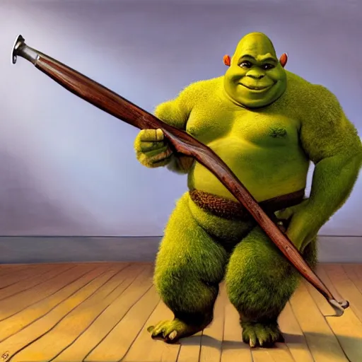 Prompt: hyper realistic oil painting of shrek holding a weapon in the back rooms