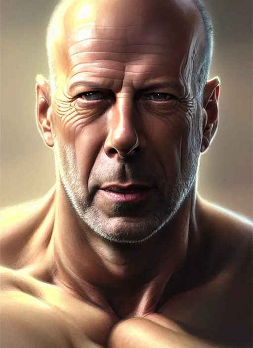 Image similar to Portrait of Bruce Willis, D&D, muscular, fantasy, intricate, elegant, highly detailed, digital painting, artstation, concept art, smooth, sharp focus, illustration, art by artgerm and greg rutkowski and alphonse mucha