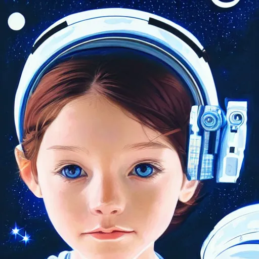 Image similar to a painting of a little girl with short wavy curly light brown hair and blue eyes, floating in space. she is an astronaut, wearing a space suit. beautiful detailed face line art by ilya kuvshinov and