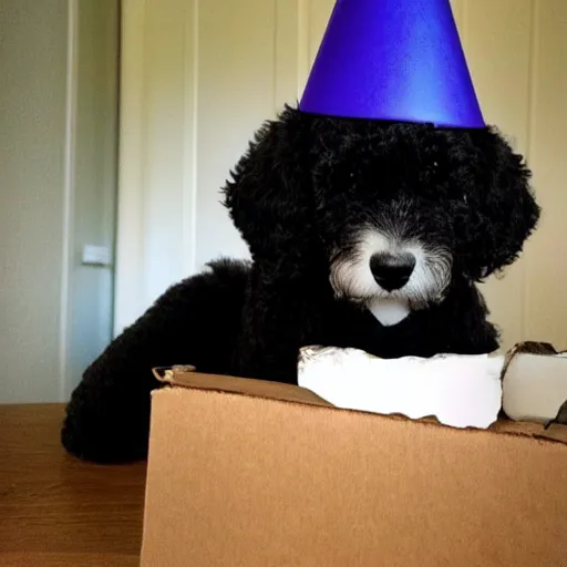 Image similar to black bernadoodle with a white chest wearing a birthday hat