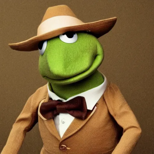 Prompt: a sepia photograph of kermit the frog in a suit