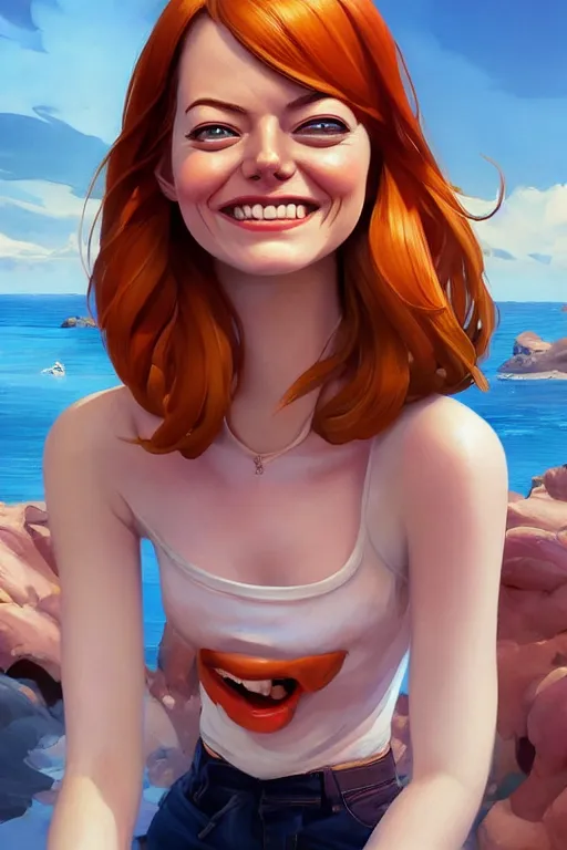 Image similar to emma stone smiling to see many big italian sausages by concept artist gervasio canda, behance hd by jesper ejsing, by rhads, makoto shinkai and lois van baarle, ilya kuvshinov, rossdraws global illumination radiating a glowing aura global illumination ray tracing hdr render in unreal engine 5