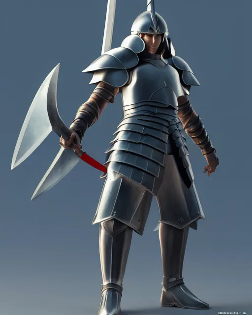 Image similar to powerful warrior with a greatsword and fully clad in plate armor, dramatic action pose, square masculine jaw, short messy hair, 3 d octane render, unreal engine 5, ultra high detail, cel shaded, trending on pixiv fanbox, by greg rutkowski makoto shinkai takashi takeuchi studio ghibli, akihiko yoshida