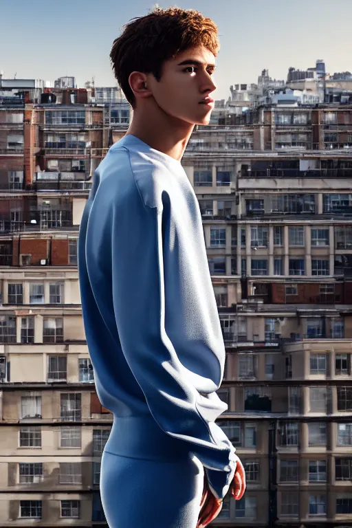 Image similar to un ultra high definition studio quality photographic art portrait of a young man standing on the rooftop of a british apartment building wearing soft padded silver pearlescent clothing. three point light. extremely detailed. golden ratio, ray tracing, volumetric light, shallow depth of field. set dressed.