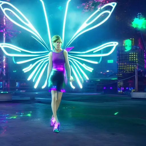 Prompt: neon fluorescent, iridescent kate mara with fairy wings cyperpunk 2 0 7 7, unreal engine 5, 8 k ultra life like, photo realistic, hyperdetailed, volumetric lighting, extremely high quality