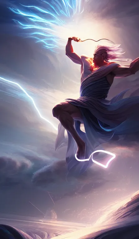 Image similar to the god zeus, lightning, action, epic, sharp focus, digital art, concept art, dynamic lighting, by anna dittman, jessica rossier and rossdraws