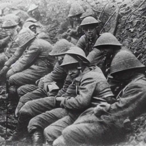 Prompt: ww1 photograph of soldiers in trenches looking at cellphones