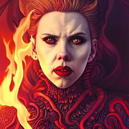 Image similar to ghotic demonic female demon satan hell portrait of scarlett johansson as queen of hell and queen of dragons, fire and flame, big long hell serpent dragon, octopus, Pixar style, by Tristan Eaton Stanley Artgerm and Tom Bagshaw.