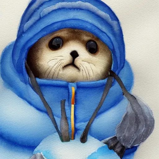 Prompt: “a baby harp seal wearing a puffer jacket, knitted hat, and ear muffs, water color painting”