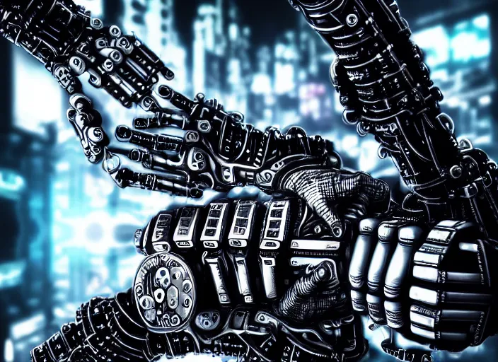 Image similar to mechanical cybernetic hands holding a coin worth 1 human soul to be traded in hell. centered. horror cyberpunk dystopia style. highly detailed 8 k. intricate. nikon d 8 5 0 3 0 0 mm. award winning photography.