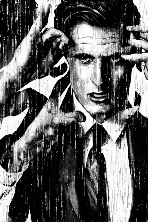 Image similar to black and white illustration of Patrick Bateman in a rainy street, neo noir style, Frank Miller creative design, body horror, high detail