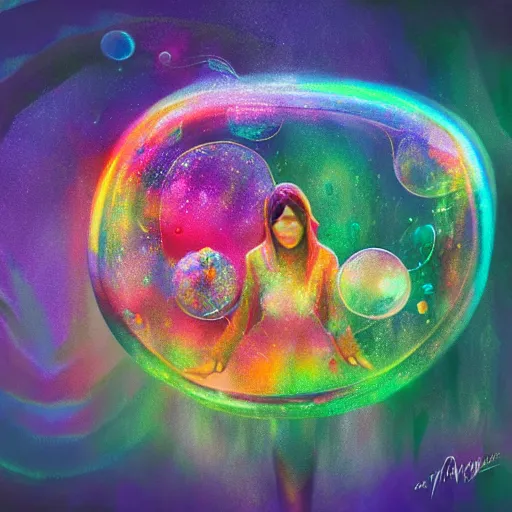 Prompt: portrait of magical mystery tour, dreamy and ethereal, fantasy, intricate, elegant, rainbow bubbles, highly detailed, digital painting, concept art, smooth, sharp focus, illustration