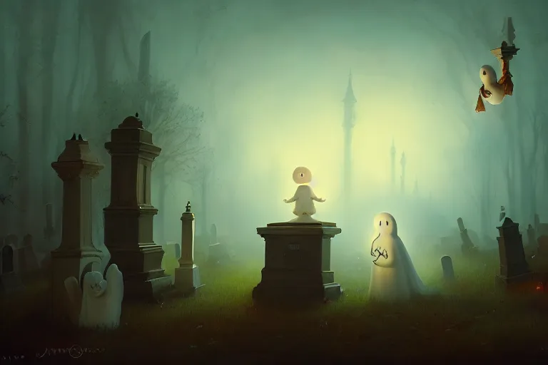 Image similar to casper the friendly ghost flying over a graveyard at midnight, playing with his ghost friends, cinestill, painted by james jean and gaston bussiere, very detailed and cute and cozy and transparent, backlight, fog, mist, trending on artstation