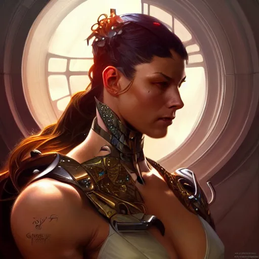 Image similar to cyborg, muscular upper body, D&D, fantasy, intricate, elegant, highly detailed, digital painting, artstation, concept art, smooth, sharp focus, illustration, art by artgerm and greg rutkowski and alphonse mucha