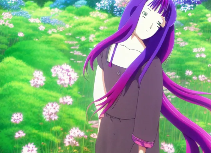 Prompt: anime fine details portrait of joyful woman with long purple hair in picture in nature, cherry blossums, green meadows, bokeh. anime masterpiece by Studio Ghibli. 8k, sharp high quality classic anime from 1990 in style of Hayao Miyazaki