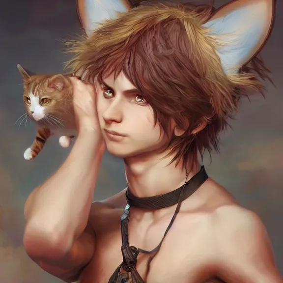 Prompt: boy with cat ears and tail, fantasy artwork, award winning, oil on canvas, hyper detailed, very very very very beautiful!, studio lighting, artstation