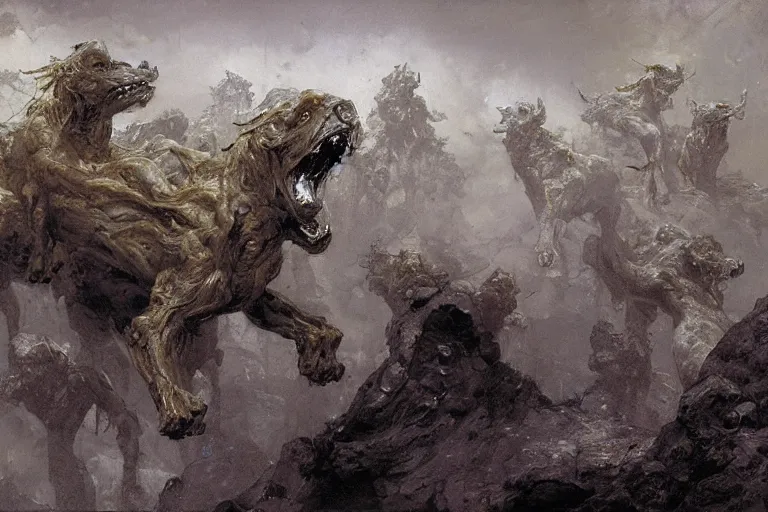 Prompt: hyperdetailed matte art of cerberus by ilya repin, amano, salvador dali, craig mullins