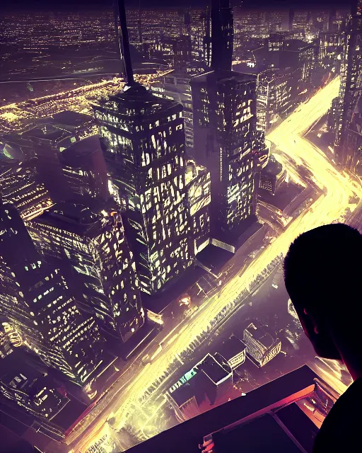 Image similar to an octane rendered night rooftop scene, neon lights in the city below, close up shot of a photorealistic gangster wearing a trench coat looking at the city below, dark mood, octane render, unreal engine, raytracing