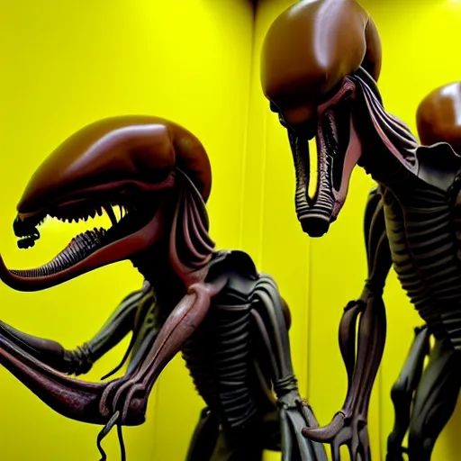 Image similar to xenomorph in endless empty office building with yellow walls, brown carpet, defective fluorescent lighting