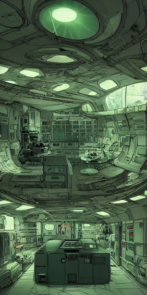 Image similar to spaceship medic room , mysterious laboratory, thick green mist, low ceiling, cables hanging from ceiling, thick cables on ground, god rays of light, huge computer screens, neons, saturated top light , epic scene, scifi, illustration, art by Juan Giménez and moebius