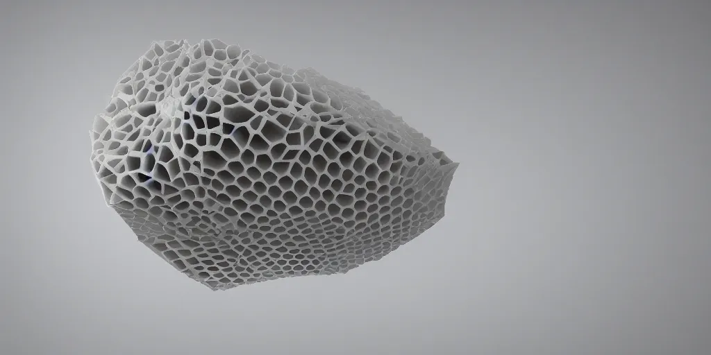 Image similar to huge organic shaped honeycomb asymmetric capsule levitating in the air no - gravity installation in white empty spacious space, maximum natural texture, white warm illumination, in low fog, 8 k resolution, best color graded, vray beautiful, subsurface scatter, hyper - realistic render