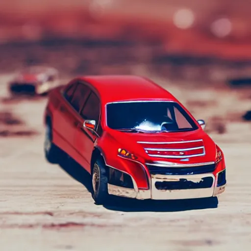 Image similar to 3 5 mm photo of metallic red aztek car like hot wheels model in area 5 1 as background