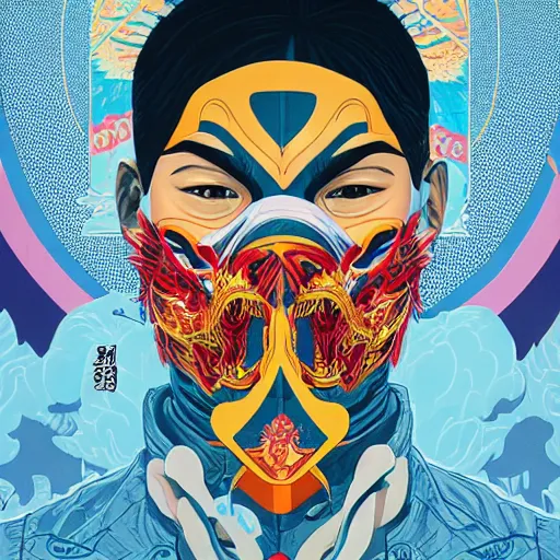 Image similar to Tristan Eaton, victo ngai, artgerm, symmetrical dragon mask, filled with anger and disgust