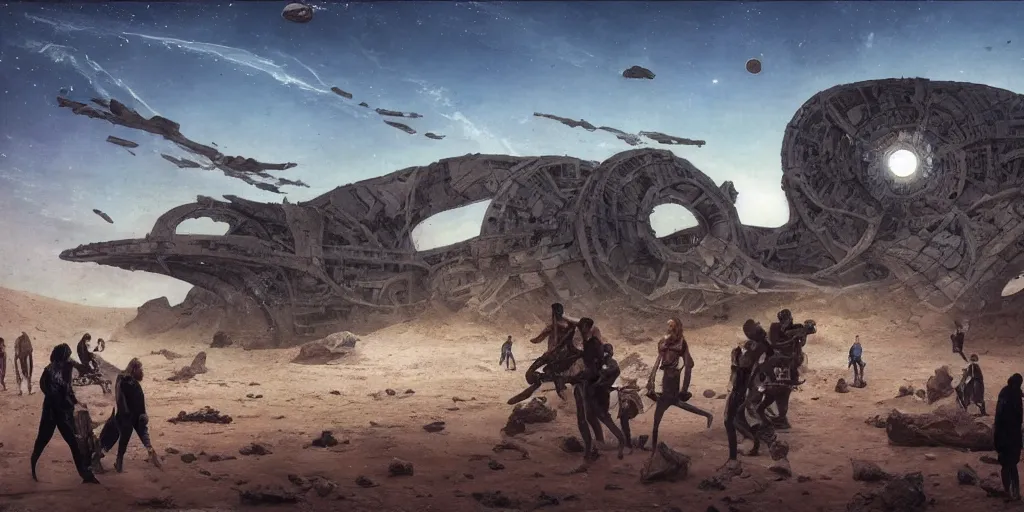 Image similar to supernova, neo brutalism space station ruins in the mars desert, giant whale skeleton, people wandering, sunlit, painted by steve mccurry, ruan jia, raymond swanland, lawrence alma tadema, zdzislaw beksinski, norman rockwell, jack kirby, tom lovell, alex malveda, greg staples